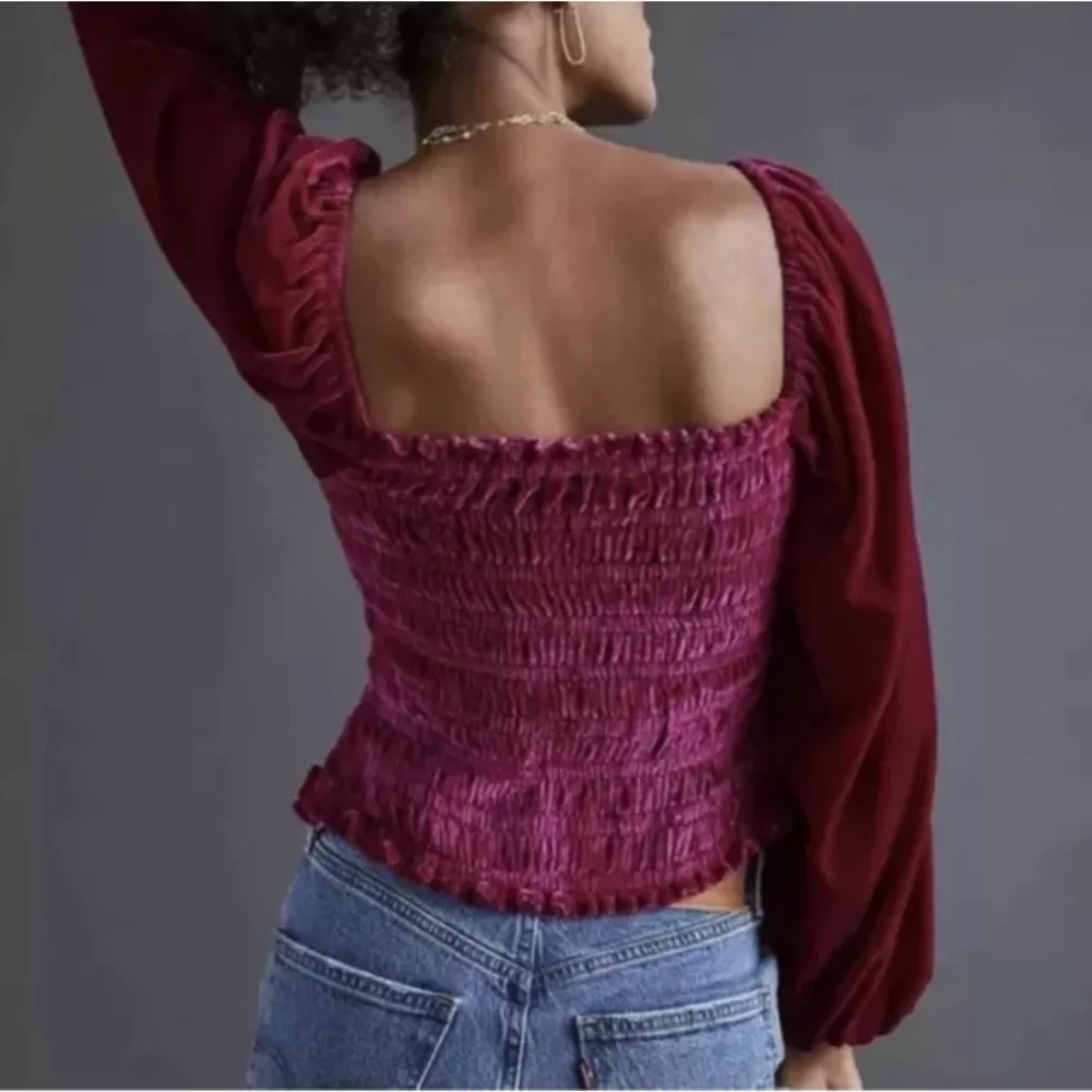 Anthropologie purple Smocked Velvet Top Small S New NWT Puff Sleeve RARE HTF